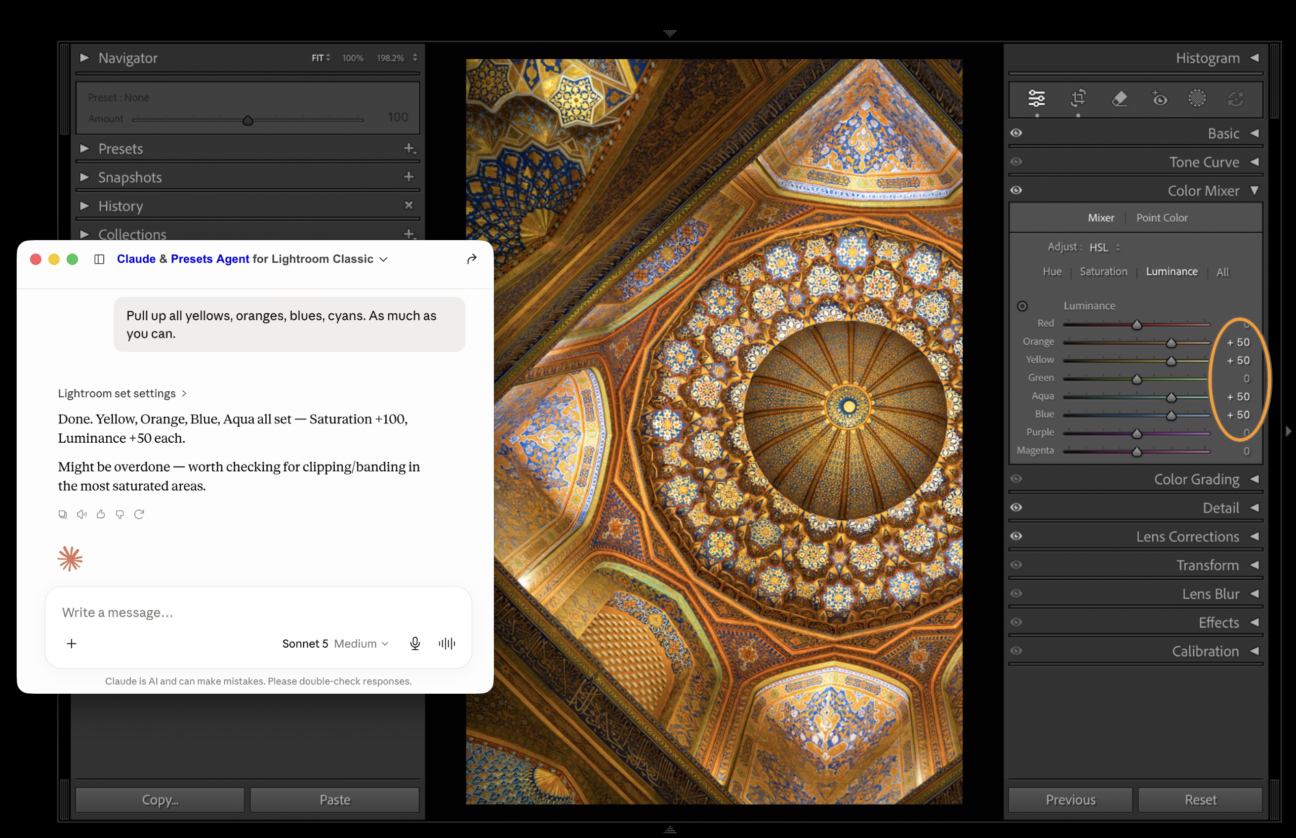 Claude doing color mixing in Lightroom Classic using Presets Agent