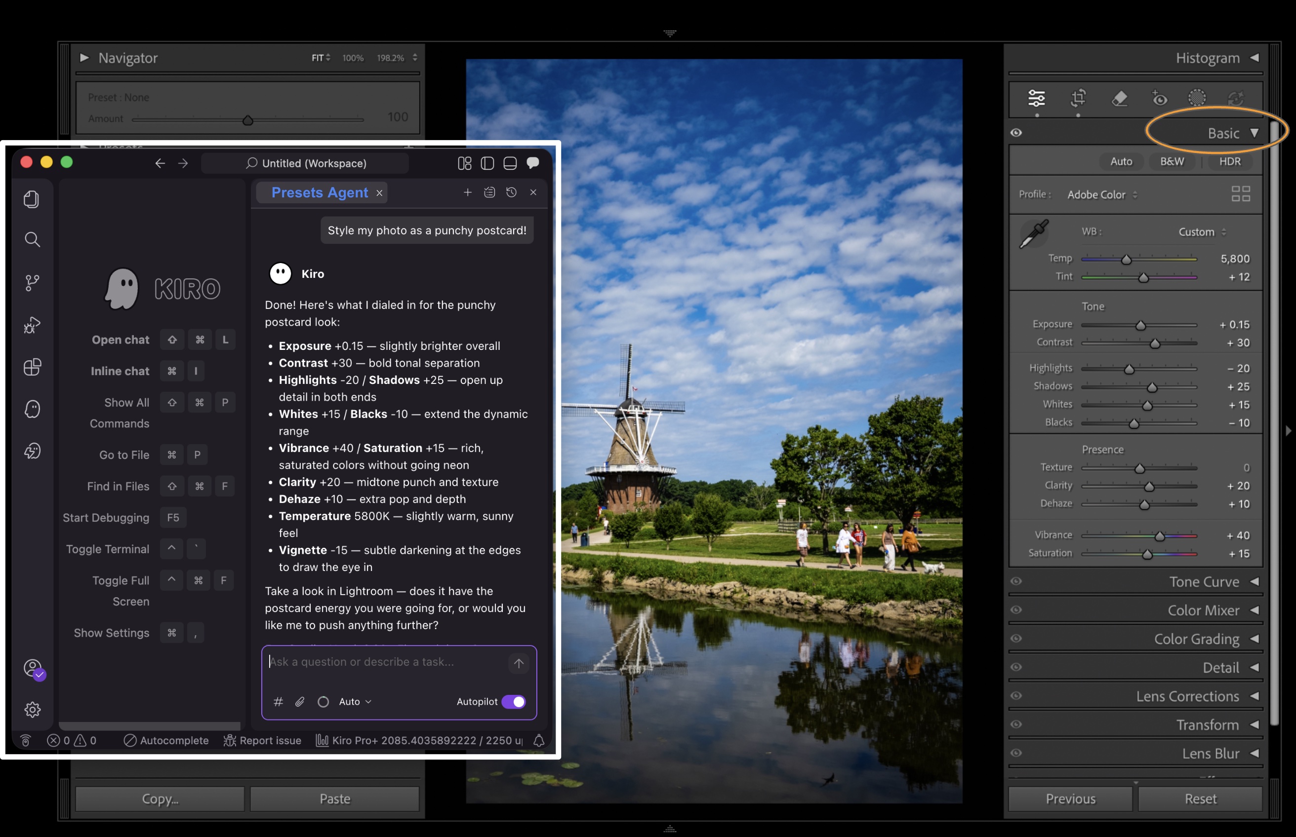 Amazon Kiro styling a Lightroom photo using Presets Agent