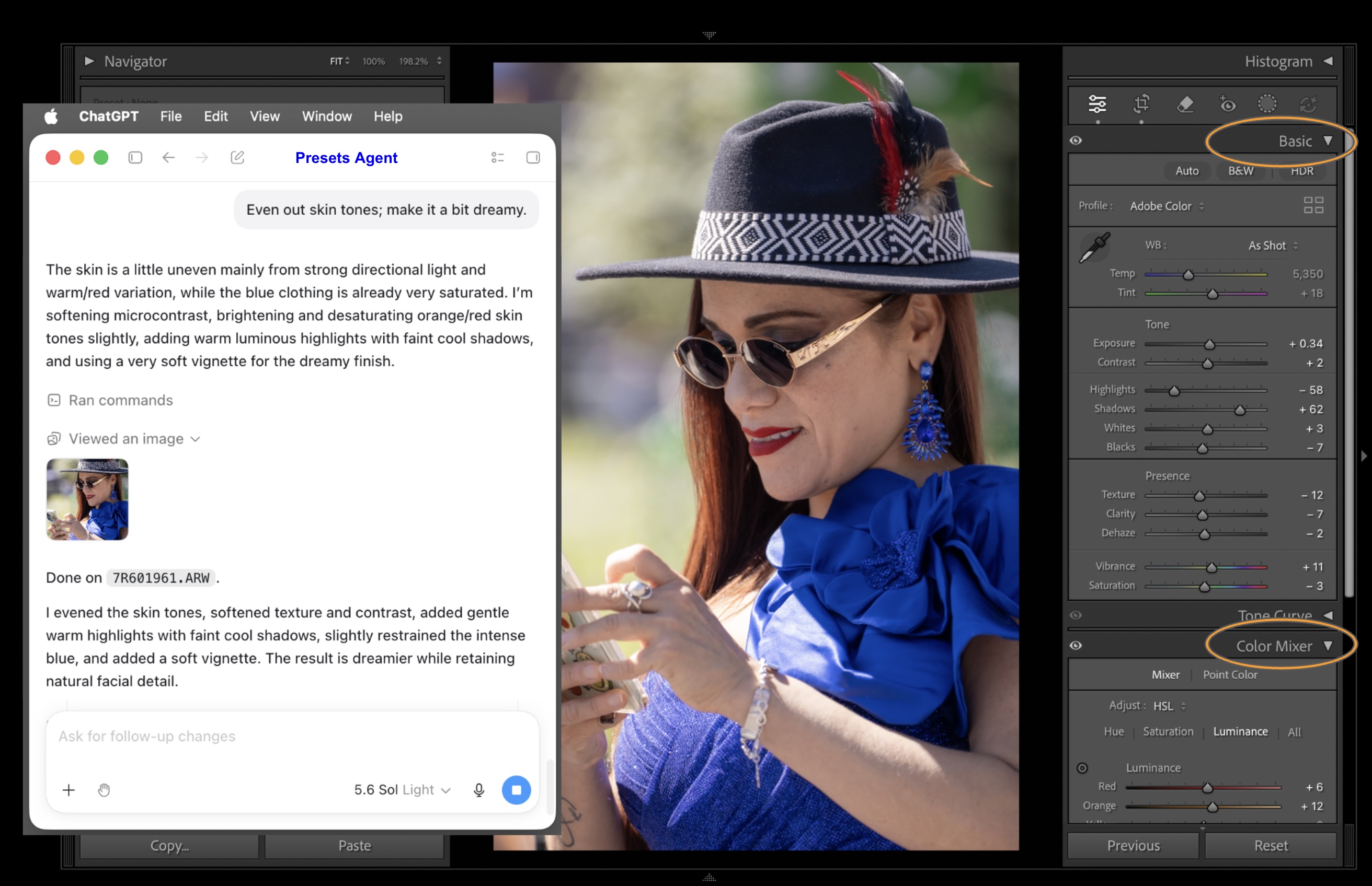 ChatGPT doing skin tone correction in Lightroom Classic using Presets Agent